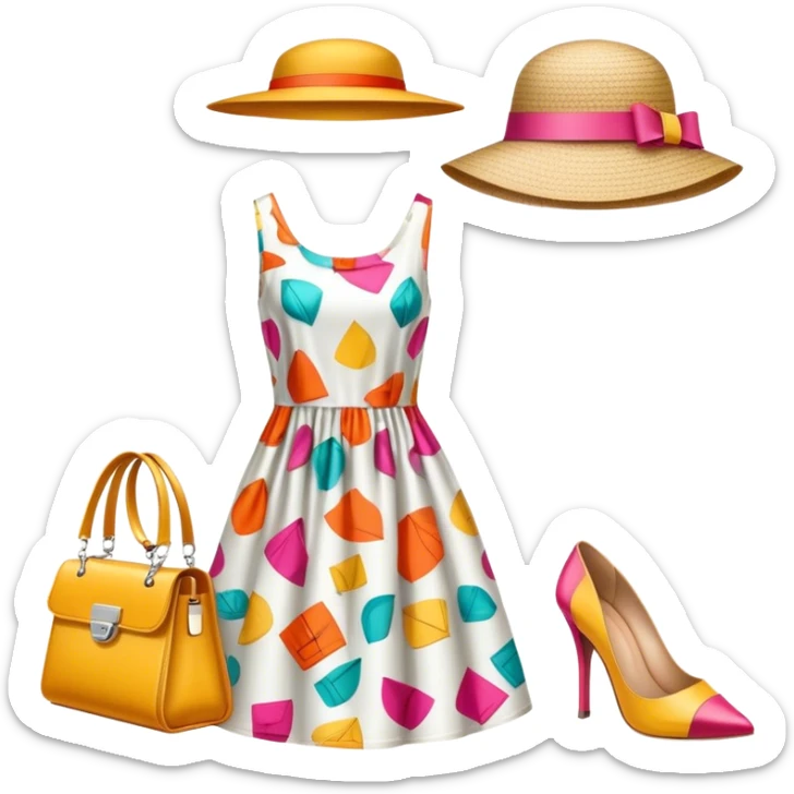 Icon for Fashion Design: a clothing pattern, a stylish hat, a bright dress, shoes, and a handbag, with measurements, a measuring tape, and a pencil. The icon should represent the creative and precise process of fashion design. Transparent background. sticker