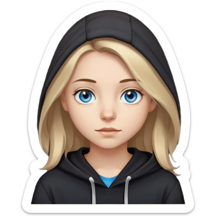 girl with blue eyes, shoulder-length brown hair with light blonde streaks, wearing a black hoodie sticker