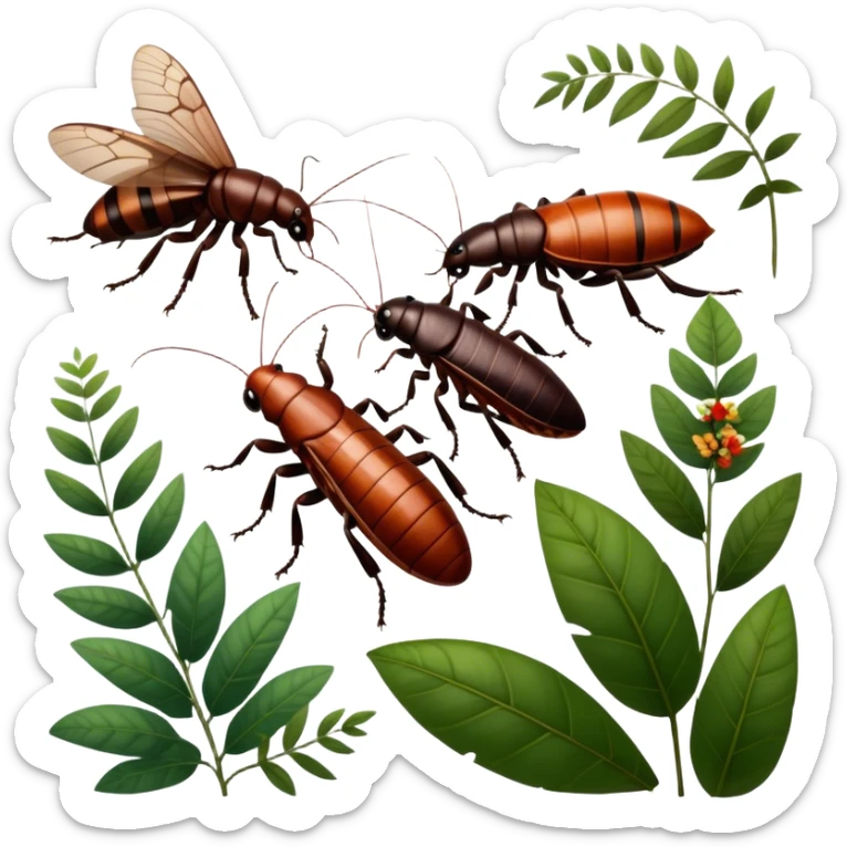 Close-up of giant Madagascar hissing cockroaches, butterflies, and stick insects in their natural habitat. The insects are shown in detail, highlighting their unique textures and colors, surrounded by plants and leaves. Soft lighting to enhance their features. Transparent background. sticker