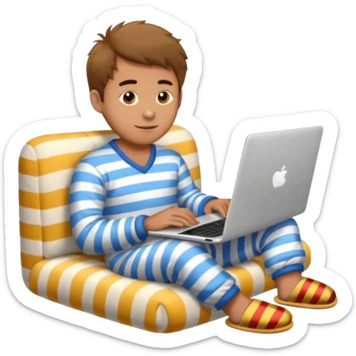 man in striped pajamas and fuzzy slippers typing on a laptop, emoji style sticker