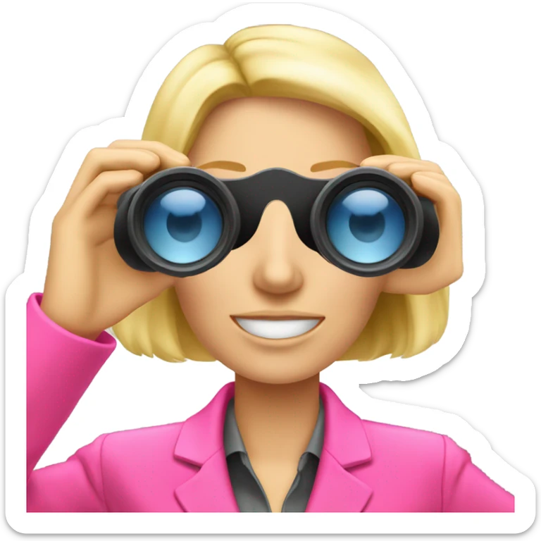 white female employee with loose blonde hair wearing intensive color pink suit looking in binoculars sticker