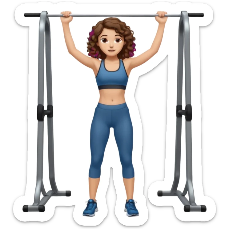 full body, very beautiful italian girl, looking like Emma Watson, with curly and big volume very bright brown hair, workout clothes doing a pullup

 sticker