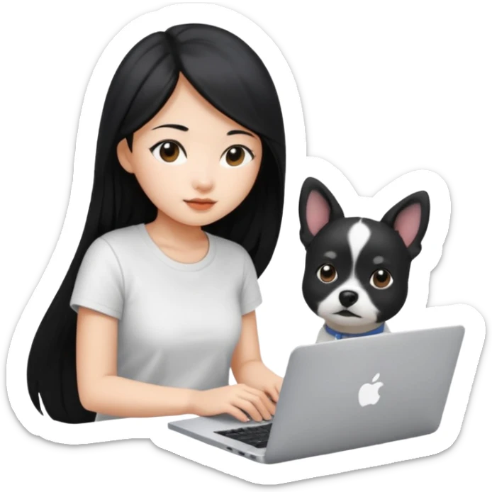 Blue back ground, Asian girl with long black hair , wearing a white t-shirt, working on an Apple laptop, next to her is a small black and white dog sticker