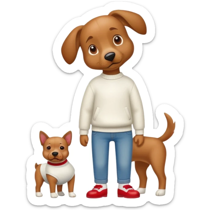 Brown dog standing upright with hands in jean pockets, wearing a white sweater and red shoes sticker