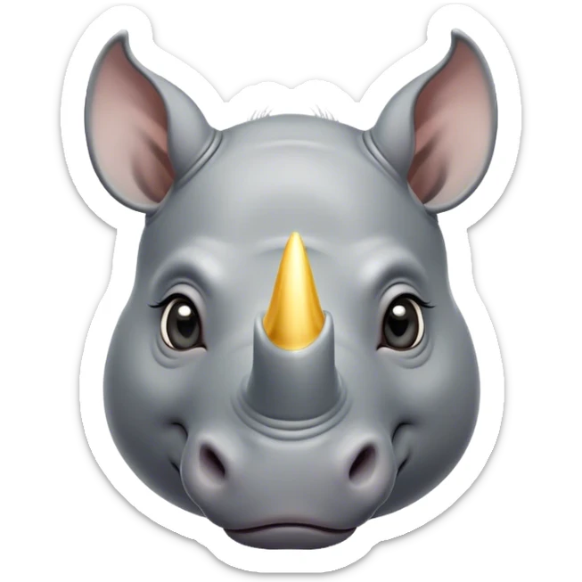 Cinematic Cute Rhinoceros Portrait Emoji, Head tilted playfully and inquisitively, featuring a rugged, glossy slate-gray hide with a gentle, rounded white horn and round, sparkling eyes filled with curious wonder, Simplified yet irresistibly adorable features, highly detailed, glowing with a warm, friendly glow, high shine, affectionate and mighty, stylized with a touch of ancient charm, bright and endearing, soft glowing outline, capturing the essence of a mischievous yet loving rhinoceros, so playful it feels like it could stomp out of the screen and into your arms! sticker