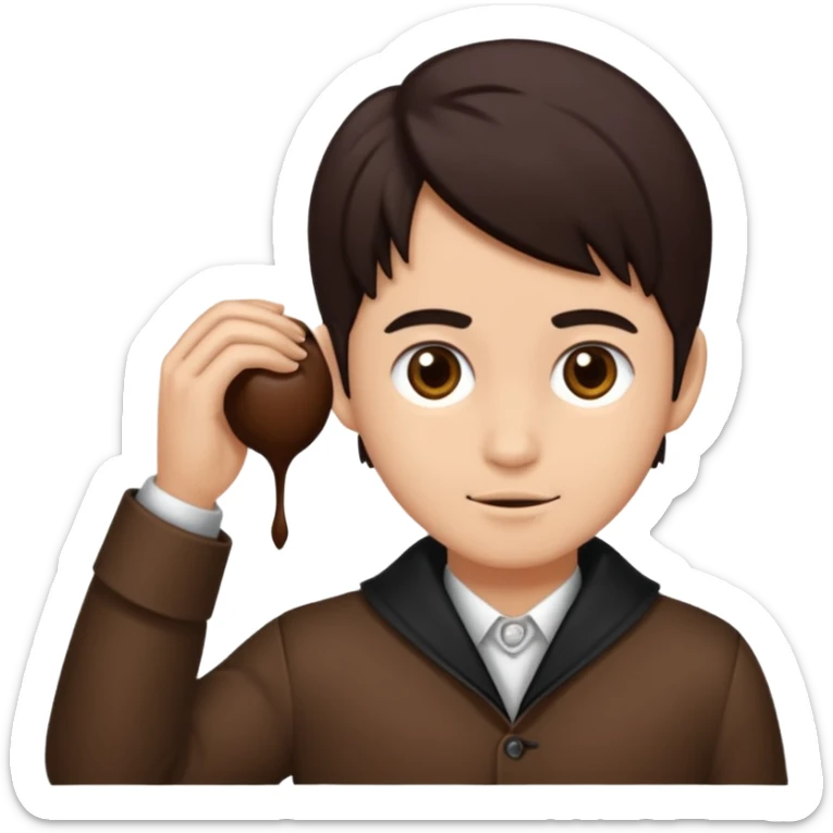 Emoji iPhone seorang pria dengan rambut hitam, dengan poni, mengenakan atasan jas berwarna coklat kehijauan , mata gelap  sticker