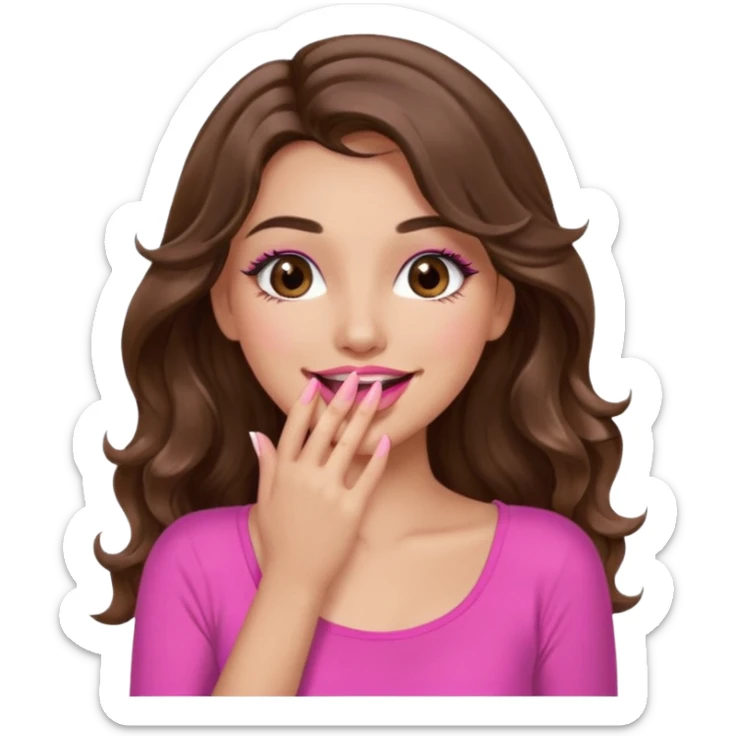 girl with long wavy brown hair, brown eyes, long lashes makeup, sexy pink lips, light to medium complexion, wearing a pink sexy top, sexy, giggling hand covering mouth sticker
