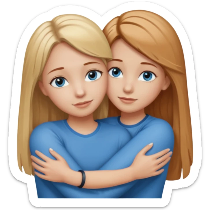 Two girls are hugging. One has dirty blonde hair with a little reddish in it. She has also grey eyes. Her hair is long and straight. The other girl is blonde and has really bright blue eyes sticker