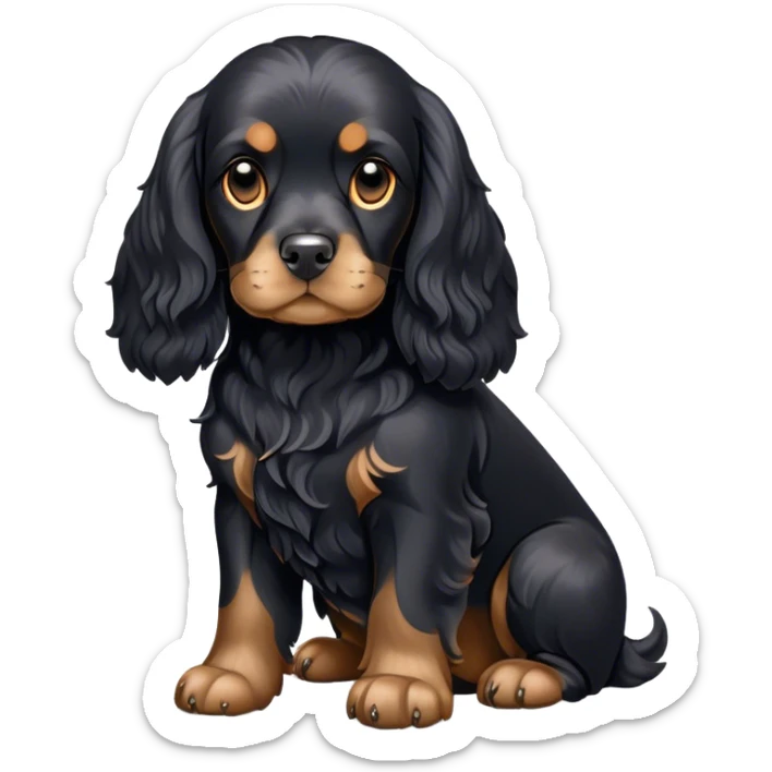 Cinematic Noble Black Cocker Spaniel Portrait Emoji, Poised and regal, with a sturdy build and a sleek, shiny black coat accented by subtle tan markings, deep-set soulful dark eyes, Simplified yet sharp and sophisticated features, highly detailed, glowing with a soft, dignified glow, high shine, intelligent and alert, stylized with an air of refinement, focused and attentive, soft glowing outline, capturing the essence of a watchful and confident companion, so majestic it feels as though it could trot out of the screen with effortless authority! sticker