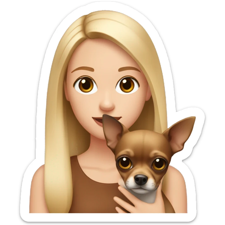 A girl with straight blonde hair, natural lip color and brown eyes holds a dark brown chihuahua in her hands sticker