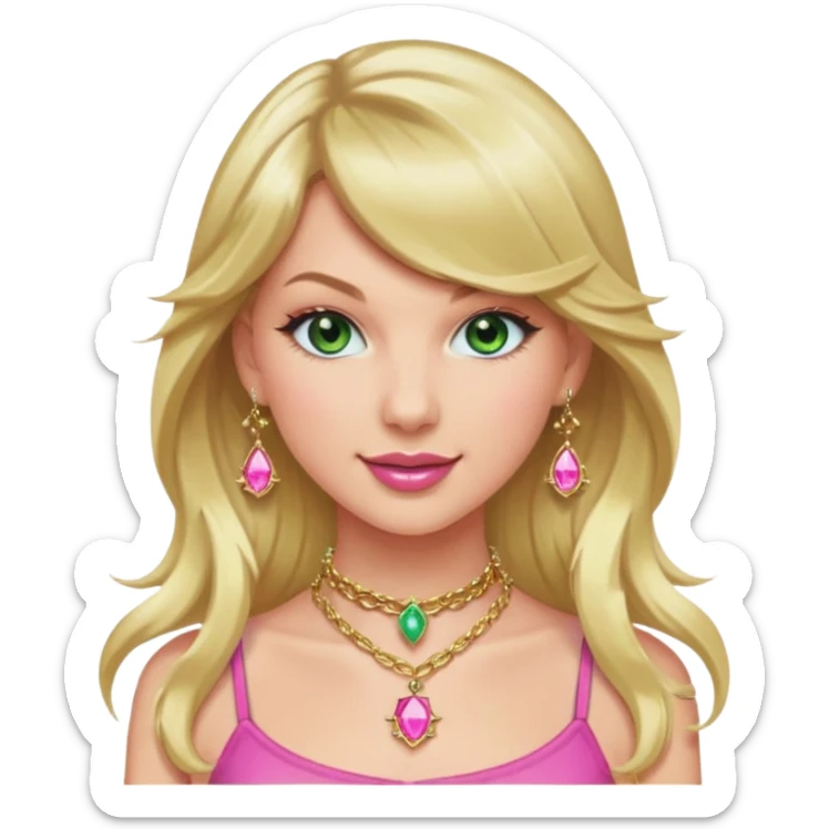 Smiling taylor swift green eyes long blonde hair pink lips pink gold choker and many gold gemstone  chains sticker