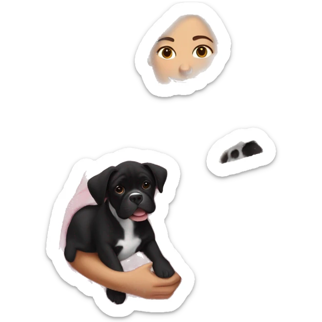 a woman with brown hair is cradling her puppy in a pink baby blanket. the puppy is a black boxer dog. the woman is smiling with mouth ajar. you can see the woman cradling the puppy like a baby from her waist up.  sticker