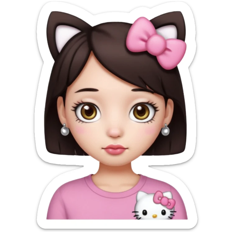 Chica con pelo corto y castaño oscuro, piel blanca, ojos hazel y pestañas largas, un piercing septum redondo pequeño y un filtro de hello kitty sticker