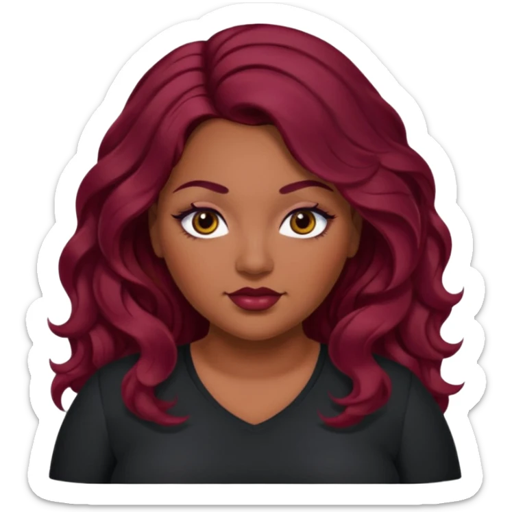 Plus size red hair brown face small eyes long hair Asian eyes small eyes wavy hair eye lashes burgundy hair black shirt sticker