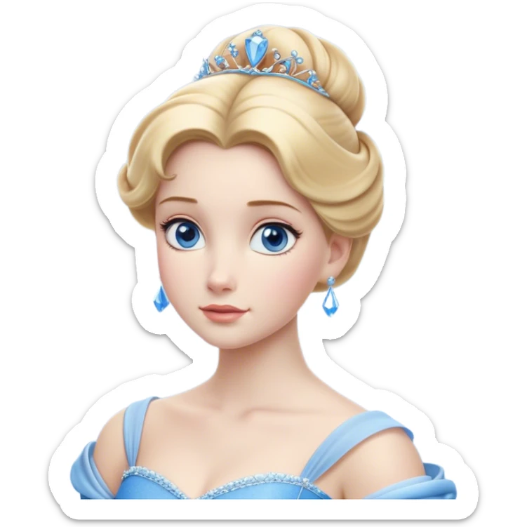 Cinematic Realistic Noble Cinderella Portrait, depicted with porcelain skin rendered in lifelike detail and soft, natural lighting that highlights every delicate nuance. Her intricately styled golden-blonde hair is arranged in an elegant updo, and her deep, expressive blue eyes radiate quiet determination. She wears her classic ball gown with rich fabric textures and delicate folds catching the light beautifully, all set against a subtly glowing, natural background that captures the essence of timeless royal grace. sticker