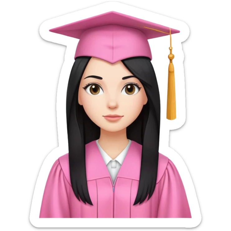 White girl with long straight black tine wearing pink graduation clothes sticker