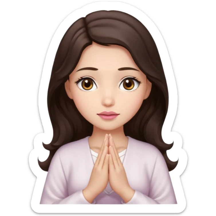 girl with wavy long glamorous dark brown hair, brown eyes, light to medium complexion, long lashes, almond shaped eyes, light pink lipstick, square shaped face. praying sticker