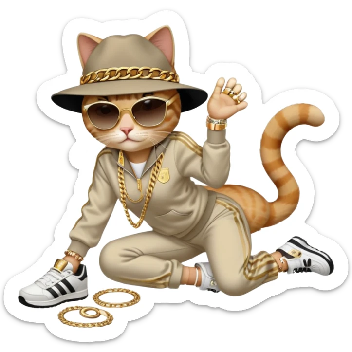 female cat dressed like Run DMC in tracksuit, fedora, Adidas shoes, dark sunglasses, lots of gold chains, rings, bracelets, earrings, lying on the ground after falling sticker