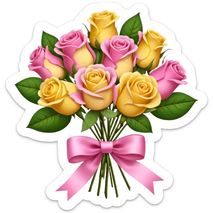 A bouquet of flowers, composed of pink and yellow roses, four blooms in total, tied with ribbon. sticker