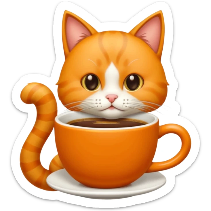 Gato naranja aún lado de un café frio tomando el popote con sus patitas sticker
