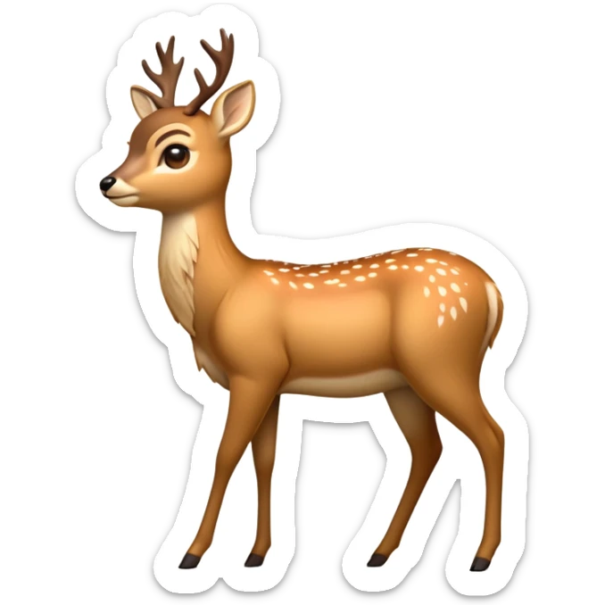 cinematic-[deer]-realistic-full-body-standing on all fours-emoji,-tail-tucked-close,-head-tilted-dramatically,-sleek-[fawn]-fur,-simplified-yet-realistic-focused-features,-highly-detailed,-glowing-with-an-almost-sarcastic-glow sticker