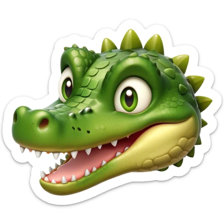 Cinematic Realistic Cute Crocodile Portrait Emoji, Head tilted playfully and inquisitively, featuring a robust, well-defined build with intricately detailed, glossy olive-green scales and a surprisingly endearing face with round, sparkling eyes full of unexpected charm, rendered with lifelike texture and natural highlights, high shine, affectionate and spirited, styled with a touch of wild whimsy, soft glowing outline, capturing the essence of a mischievous yet lovable crocodile that seems poised to snap playfully out of the screen into your arms! sticker