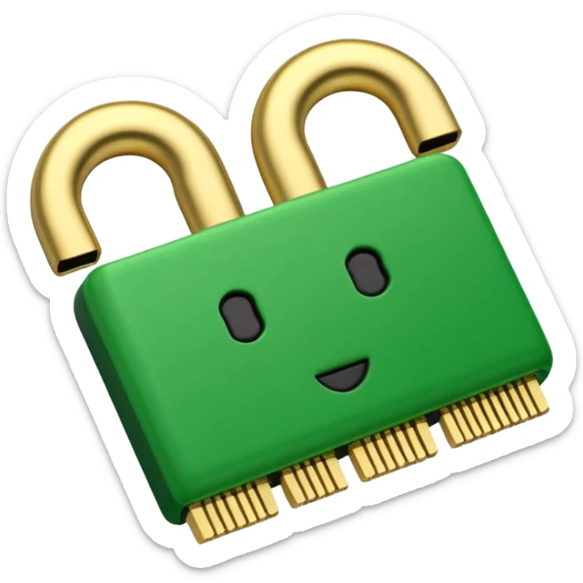 Apple-style 3D emoji of a single green RAM stick, gold connector pins at the bottom, small black memory chips on top, simple and clear design. sticker