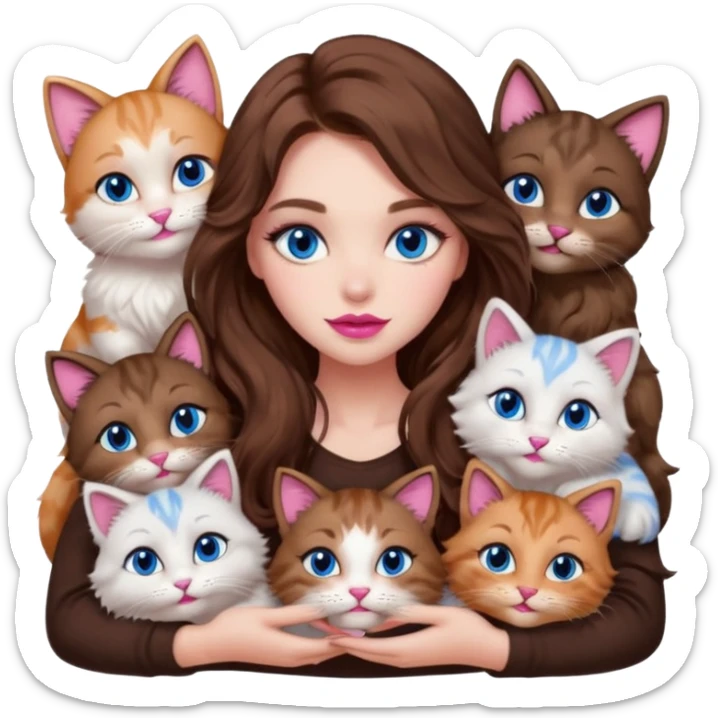 girl with long wavy brown hair, blue eyes, long lashes makeup, sexy pink lips, cuddling with 6 cats sticker