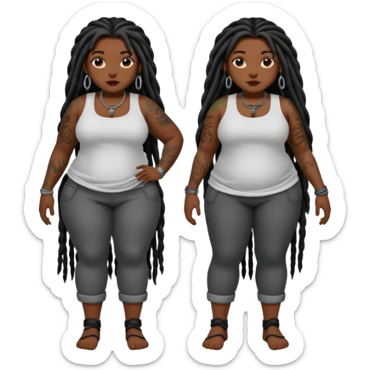 Full body nude plus size dark skin black girl long dreadlocks, tattoos on right arm and left leg sticker