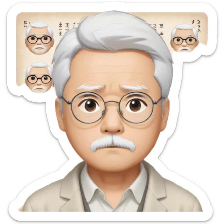 ​Cinematic Realistic Portrait of Hayao Miyazaki, depicted with striking white hair, defined black eyebrows, and large rectangular glasses, his thoughtful expression rendered in lifelike detail against a background of whimsical Studio Ghibli-inspired sketches, illuminated with soft, realistic lighting that emphasizes his creative genius, sticker