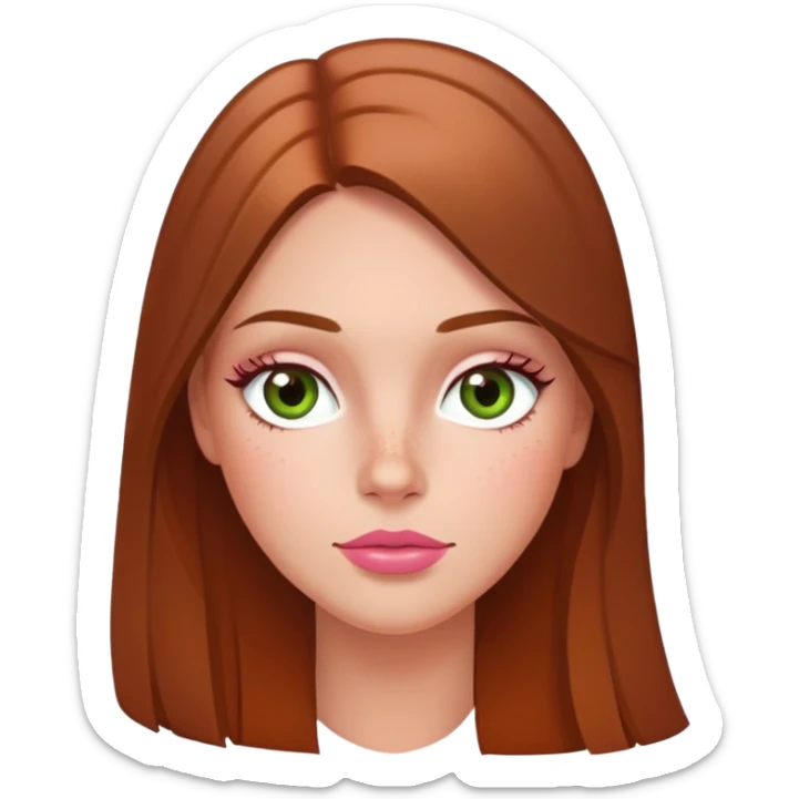 Long hair straight Brunette and hazel green eyes  slightly tanned white girl with pink peach lips and rosy red cheeks with a few freckles sticker