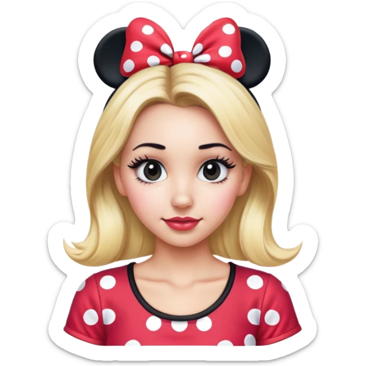 Blonde woman with long black eyelashes with Minnie, mouse, ears, and Minnie mouse shirt sticker