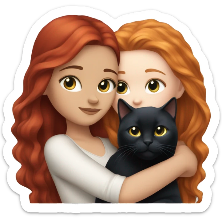 white girl with long red hair and blue eyes cuddling black cat sticker