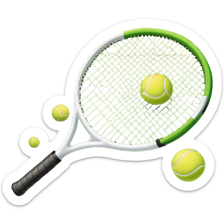 A tennis racket and ball positioned on a grass court, with the net and lines clearly visible in the background. The scene emphasizes the classic elements of the sport, capturing the energy and precision of a tennis match. sticker