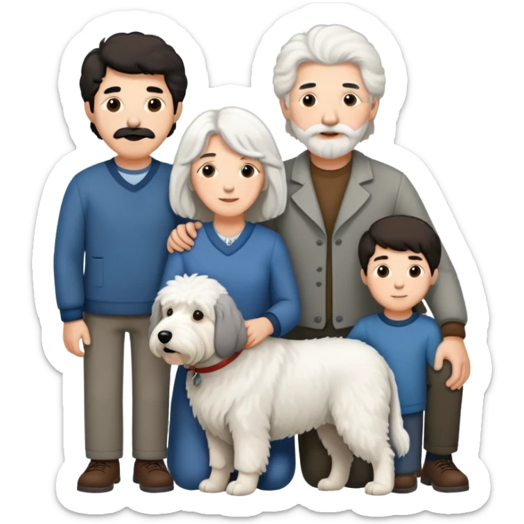 A family with mom, dad, three sons, and an Old English Sheepdog sticker
