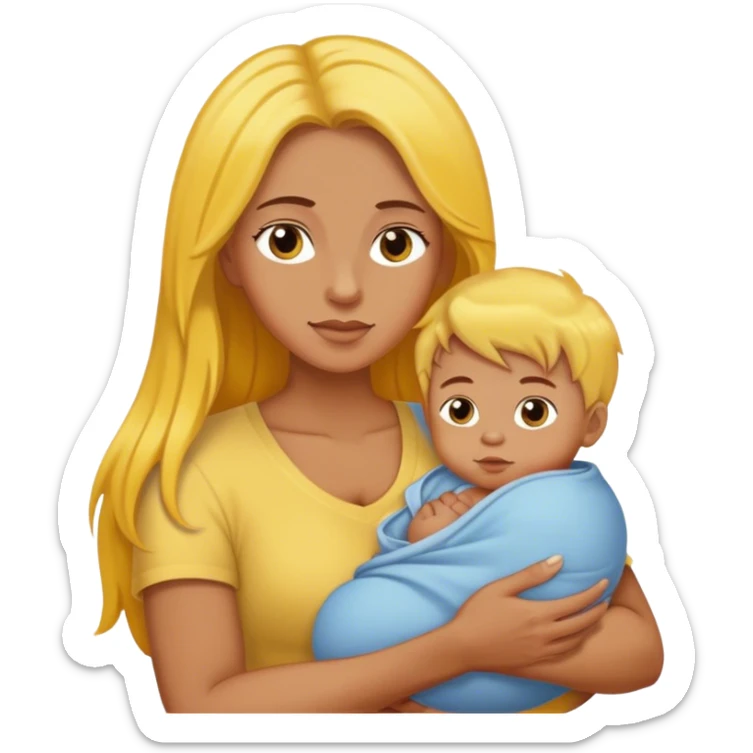 mom with long brown hair holding boy baby with yellow hair sticker