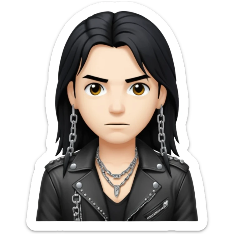 A fan of heavy extreme music, a metalhead with long black hair, rivets in chains on a leather jacket sticker