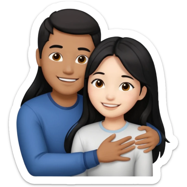 Asian guy with brown skin, short black hair, and a Asian girl with white skin and long black hair hugging  sticker
