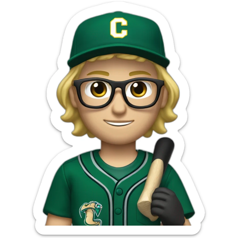 Blonde male short hair with glasses Dark green baseball uniform with hat Blue eyes a cobra snake logo with "C". waist up with a bat in one hand and a macbook in the other sticker