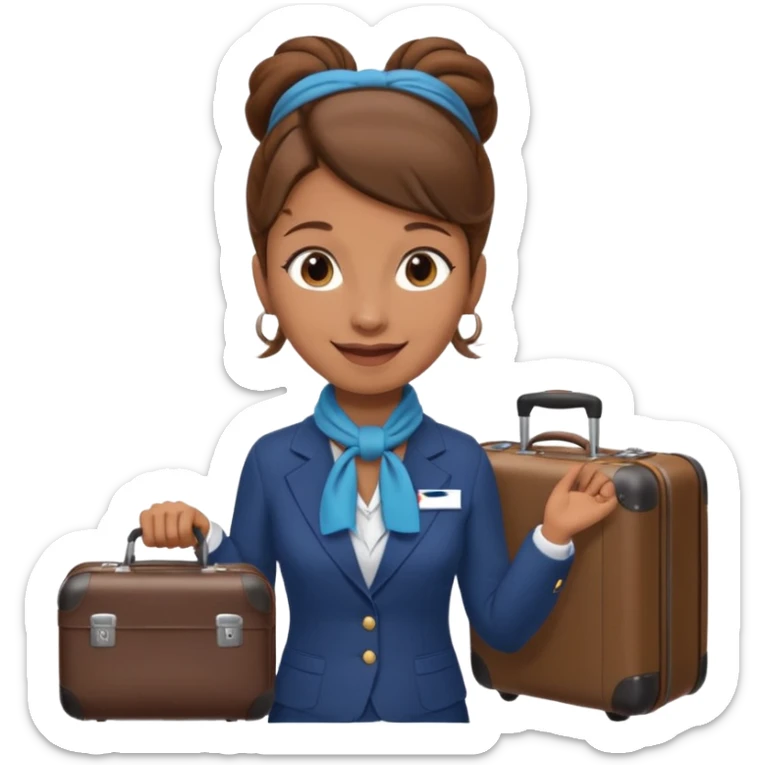 flight attendant, Light Brown skin, brown hair in single bun, neck scarf, suitcase sticker