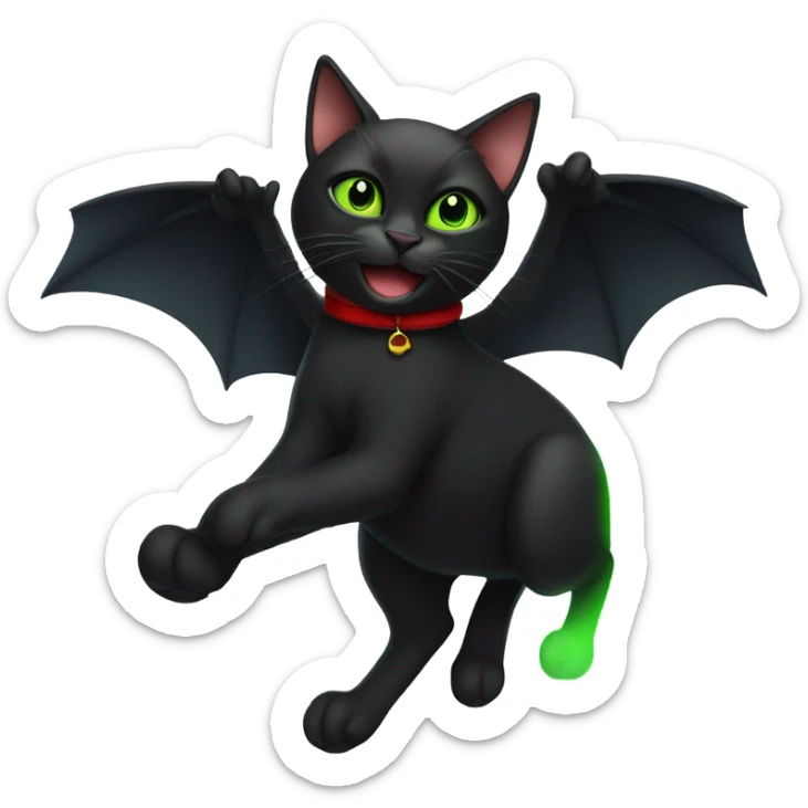 Black cat with green eyes flying in the sky with red shoes on paws  sticker