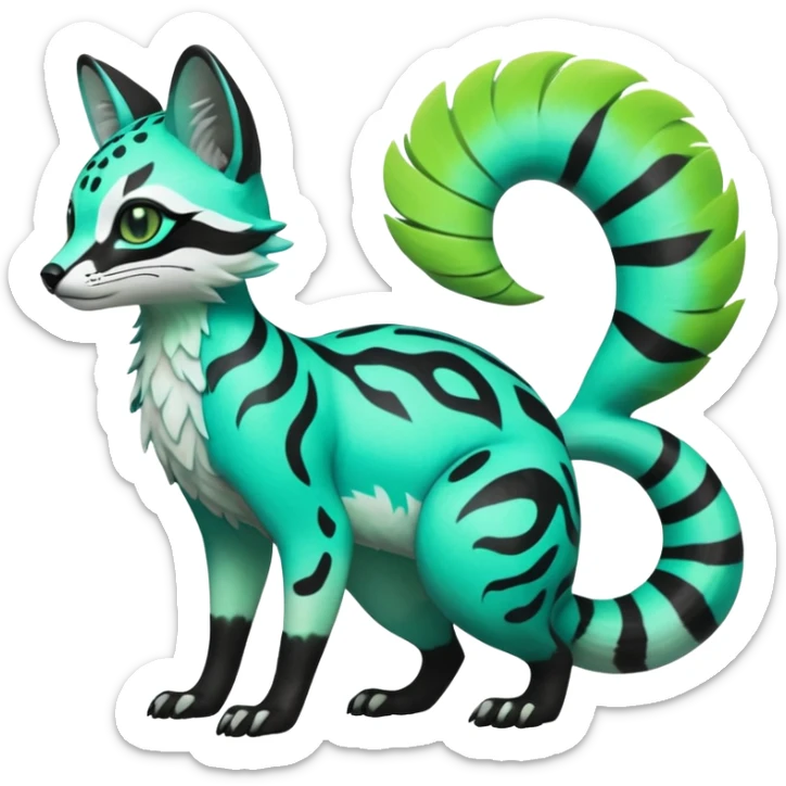 Rare realistic iridescent neon lime-green & cyan white black lush tropical exotic edgy epic pretty beautiful handsome gorgeous aesthetic colorful vibrant Vernid-Protogen-Primagen-Genet-Trico-species-Fakemon-hybrid-creature by LiLaiRa, beautiful intricate markings, full body sticker