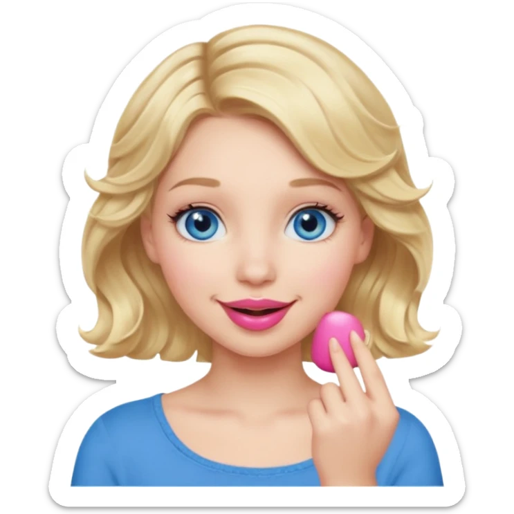 Girl Blonde short wavy hair,  blue eyes, cute blue top, long lashes, pink lips, smiling, hand over the mouth sticker