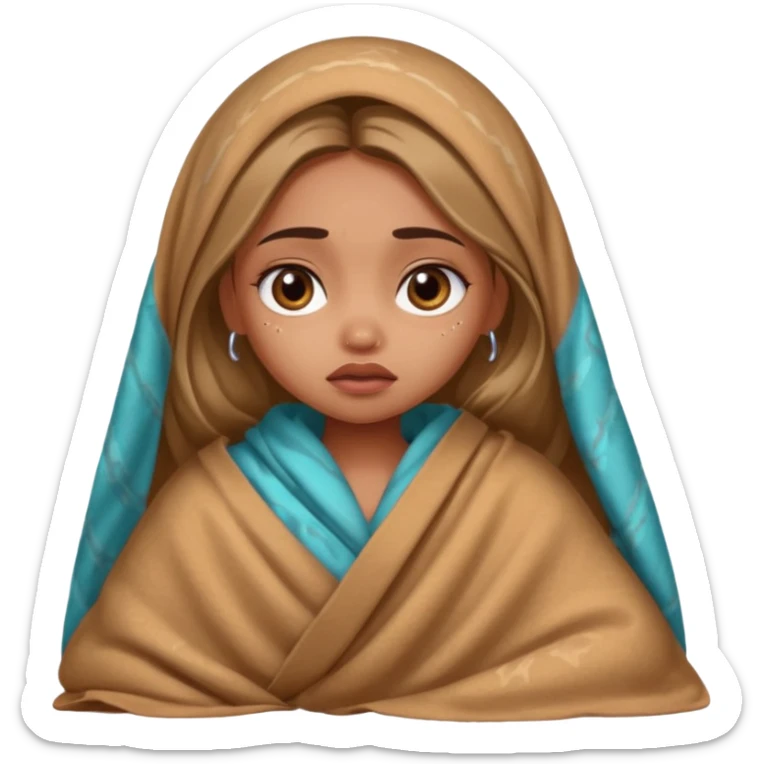 a pretty bratz fair indian girl wearing a brown pajamas and blnaket, dark circles, crying sticker