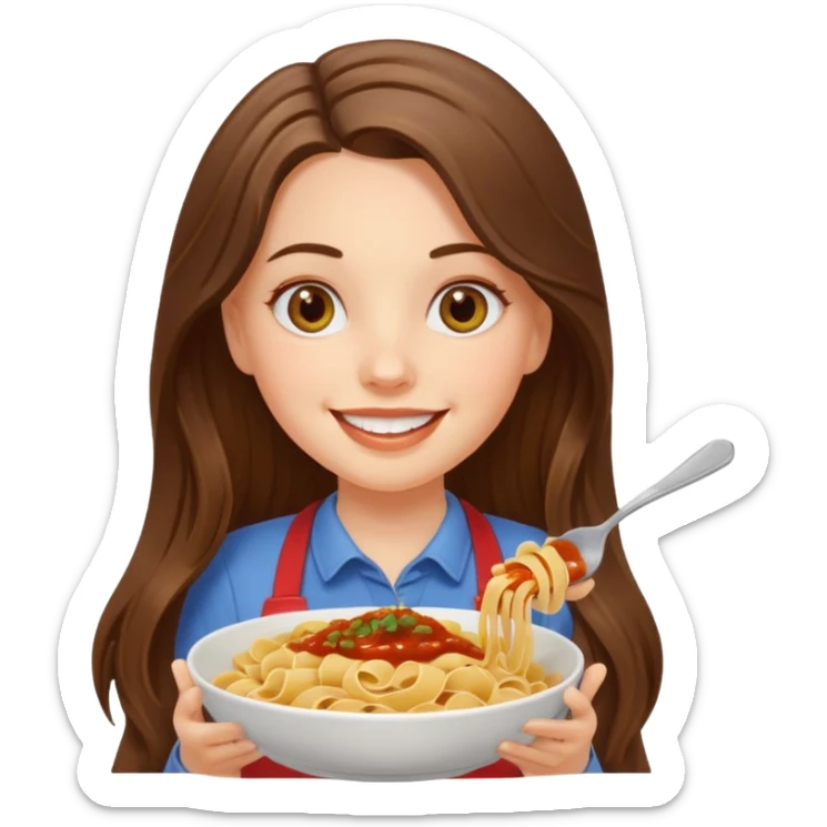 smiling white long brunette hair girl with hazel eyes with pasta sticker