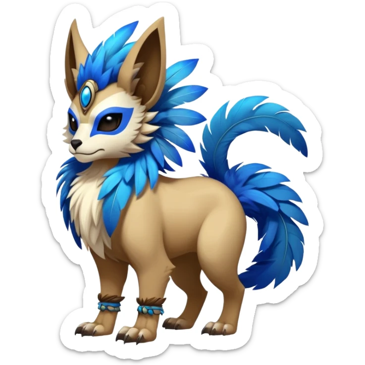 Furry cute colorful exotic tribal feral anime-styled Fakémon-Pokémon-animal-creature with a skull mask, and a feather-mane-collar, and blue feathers, with long furry ears, long furry tail, 4 legs, (full body) sticker