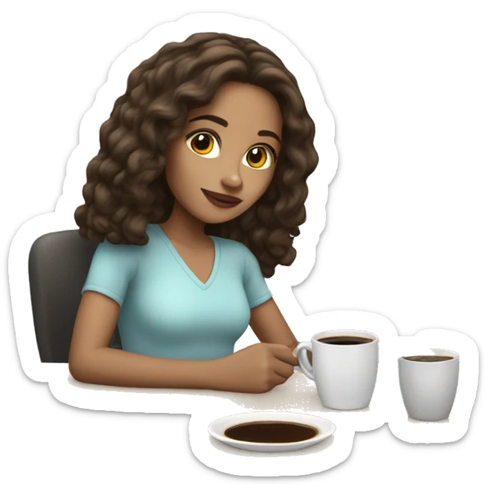 Light skin girl with shoulder length dark brown hair having coffee sticker