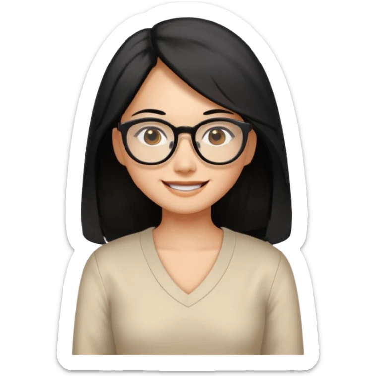 medium tan asian woman with long black hair past middle of back, round brown eyes, white v neck blouse. she has black  square frame glasses on and smiling with no teeth sticker