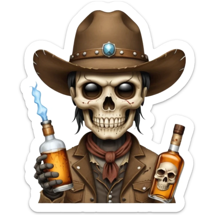 A rough and tumble cowboy with a 6 shooter and a bottle of whiskey. From the view of a bird looking down on the cowboy. Make the graphics dark and gritty in the style of your beeding skull art. Just a skull with a cowboy hat this rime sticker