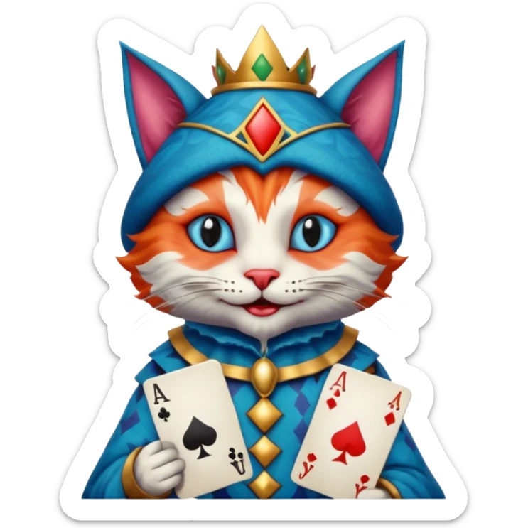 crazy colorful cute little cat jolly joker from poker, medieval, vintage, court jester, mac os icon, blue color, holds a poker card sticker
